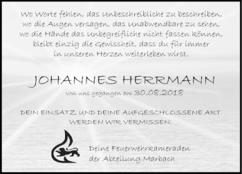 Traueranzeige von Johannes Herrmann von Fränkische Nachrichten