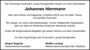 Traueranzeige von Johannes Herrmann von Fränkische Nachrichten