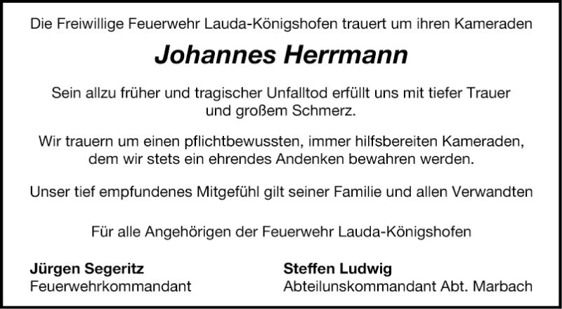  Traueranzeige für Johannes Herrmann vom 07.09.2018 aus Fränkische Nachrichten
