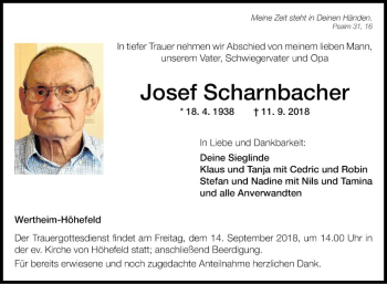 Traueranzeige von Josef Scharnbacher von Fränkische Nachrichten