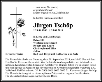 Traueranzeige von Jürgen Tschöp von Fränkische Nachrichten