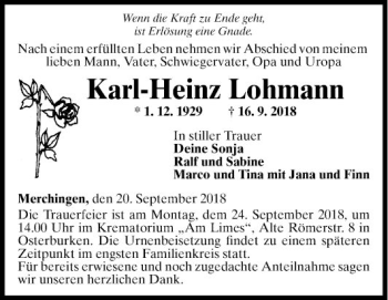 Traueranzeige von Karl-Heinz Lohmann von Fränkische Nachrichten