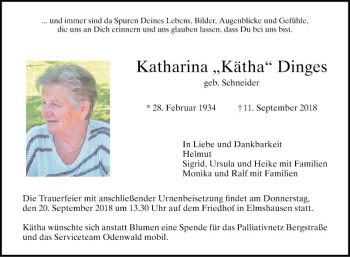 Traueranzeige von Katharina Dinges von Bergsträßer Anzeiger