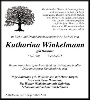 Traueranzeige von Katharina Winkelmann von Schwetzinger Zeitung