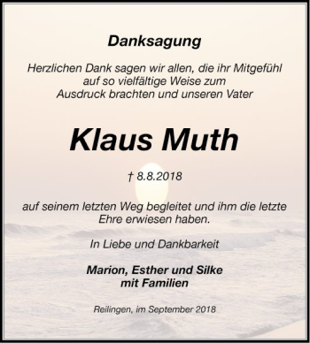 Traueranzeige von Klaus Muth von Schwetzinger Zeitung