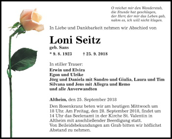 Traueranzeige von Loni Seitz von Fränkische Nachrichten