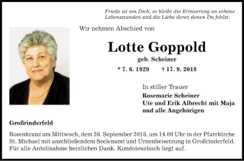 Traueranzeige von Lotte Goppold von Fränkische Nachrichten