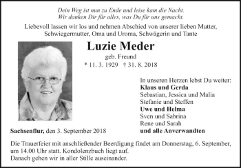 Traueranzeige von Luzie Meder von Fränkische Nachrichten