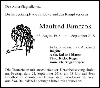 Traueranzeige von Manfred Bimczok von Mannheimer Morgen