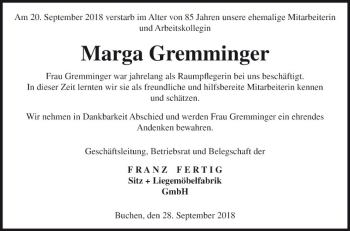 Traueranzeige von Marga Gremminger von Fränkische Nachrichten