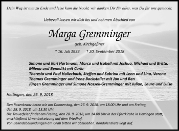 Traueranzeige von Marga Gremminger von Fränkische Nachrichten