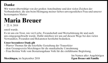 Traueranzeige von Maria Breuer von Fränkische Nachrichten