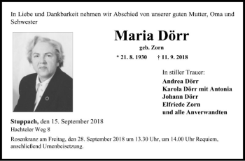 Traueranzeige von Maria Dörr von Fränkische Nachrichten