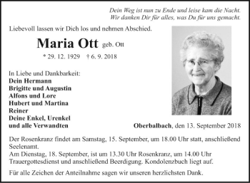 Traueranzeige von Maria Ott von Fränkische Nachrichten