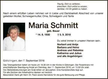 Traueranzeige von Maria Schmitt von Fränkische Nachrichten