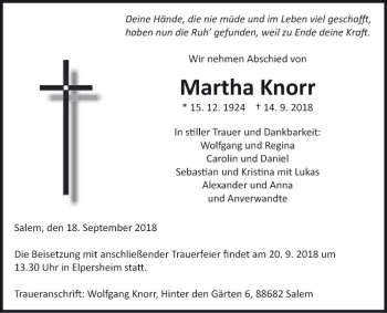 Traueranzeige von Martha Knorr von Fränkische Nachrichten