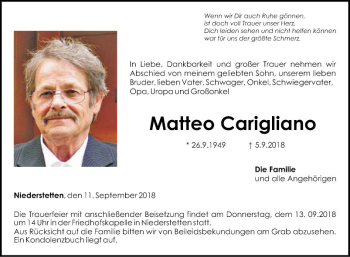 Traueranzeige von Matteo Carigliano von Fränkische Nachrichten