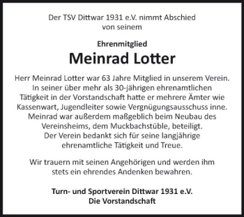 Traueranzeige von Meinrad Lotter von Fränkische Nachrichten