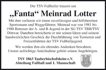 Traueranzeige von Meinrad Lotter von Fränkische Nachrichten