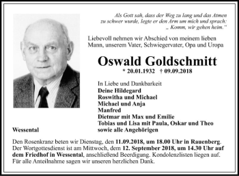 Traueranzeige von Oswald Goldschmitt von Fränkische Nachrichten