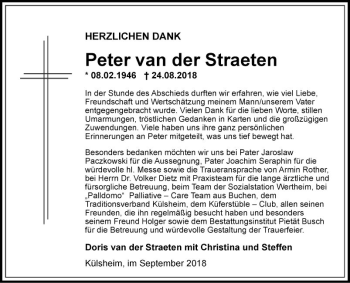 Traueranzeige von Peter van der Straeten von Fränkische Nachrichten