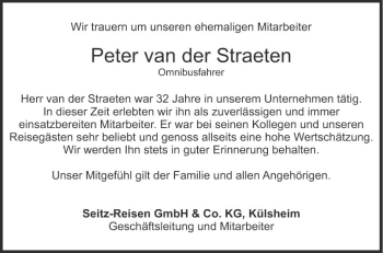 Traueranzeige von Peter van der Straeten von Fränkische Nachrichten