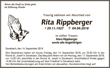 Traueranzeige von Rita Rippberger von Fränkische Nachrichten