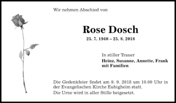 Traueranzeige von Rose Dosch von Fränkische Nachrichten