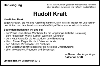 Traueranzeige von Rudolf Kraft von Fränkische Nachrichten