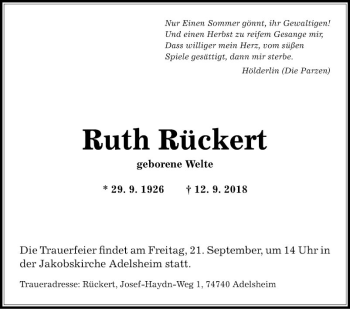 Traueranzeige von Ruth Rückert von Fränkische Nachrichten