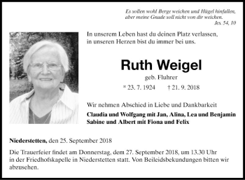 Traueranzeige von Ruth Weigel von Fränkische Nachrichten