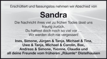 Traueranzeige von Sandra  von Fränkische Nachrichten