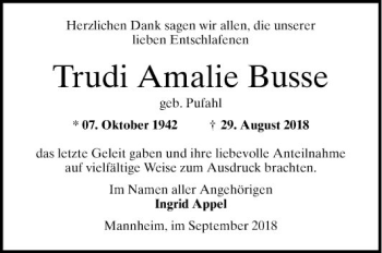 Traueranzeige von Trudi Amalie Busse von Mannheimer Morgen