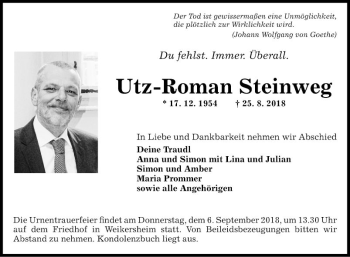 Traueranzeige von Utz-Roman Steinweg von Fränkische Nachrichten