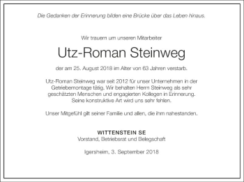 Traueranzeige von Utz-Roman Steinweg von Fränkische Nachrichten