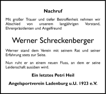 Traueranzeige von Werner Schreckenberger von Mannheimer Morgen