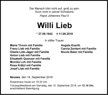 Traueranzeige von Willi Lieb von Fränkische Nachrichten