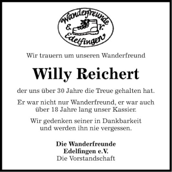 Traueranzeige von Willy Reichert von Fränkische Nachrichten