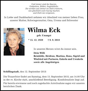 Traueranzeige von Wilma Eck von Fränkische Nachrichten