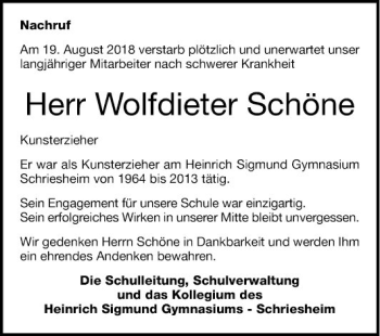 Traueranzeige von Wolfdieter Schöne von Mannheimer Morgen