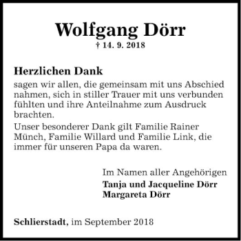 Traueranzeige von Wolfgang Dörr von Fränkische Nachrichten