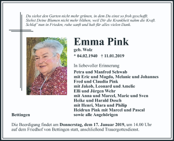 Traueranzeige von Emma Pink von Fränkische Nachrichten