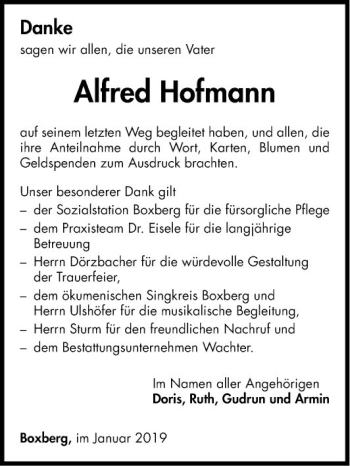 Traueranzeige von Alfred Hofmann von Fränkische Nachrichten