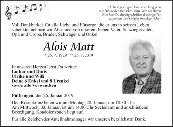 Traueranzeige von Alois Matt von Fränkische Nachrichten