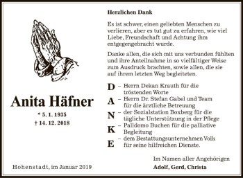 Traueranzeige von Anita Häfner von Fränkische Nachrichten