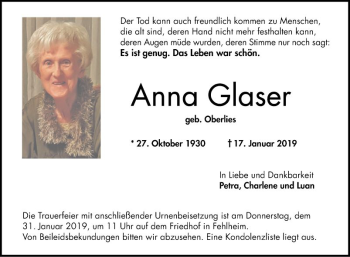 Traueranzeige von Anna Glaser von Bergsträßer Anzeiger