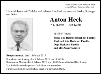 Traueranzeige von Anton Heck von Fränkische Nachrichten