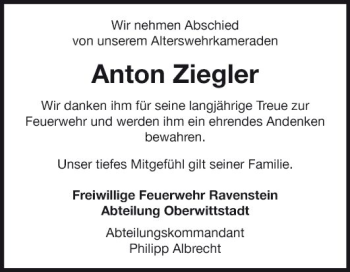 Traueranzeige von Anton Ziegler von Fränkische Nachrichten