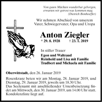 Traueranzeige von Anton Ziegler von Fränkische Nachrichten