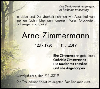 Traueranzeige von Arno Zimmermann von Mannheimer Morgen